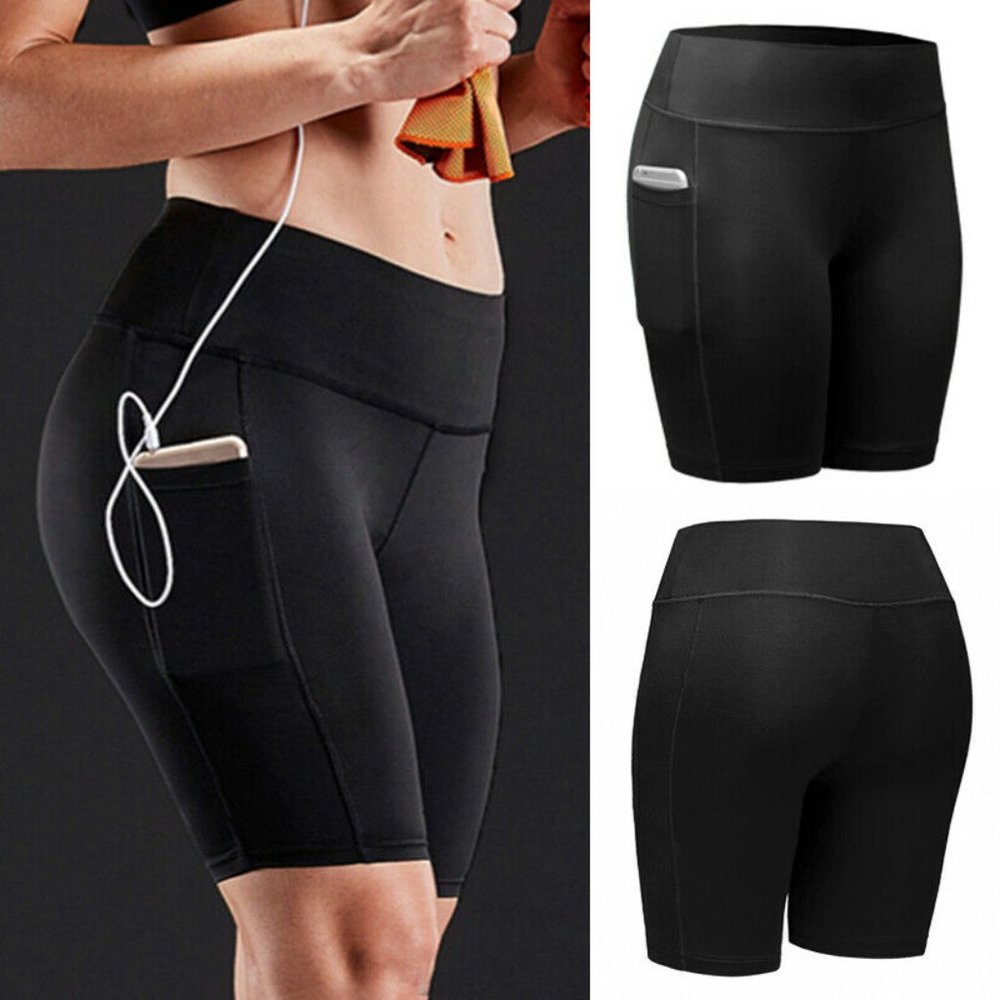 Black Bermuda Shorts Biker Shorts with Pockets - High Rise Tummy Control